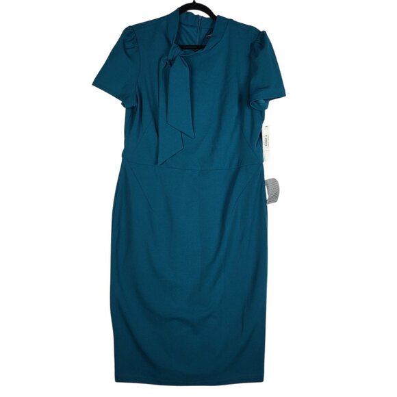 Maggy London Dress Women's 16 Turquoise Green Tie Neck Midi Career Office NWT - Picture 3 of 12